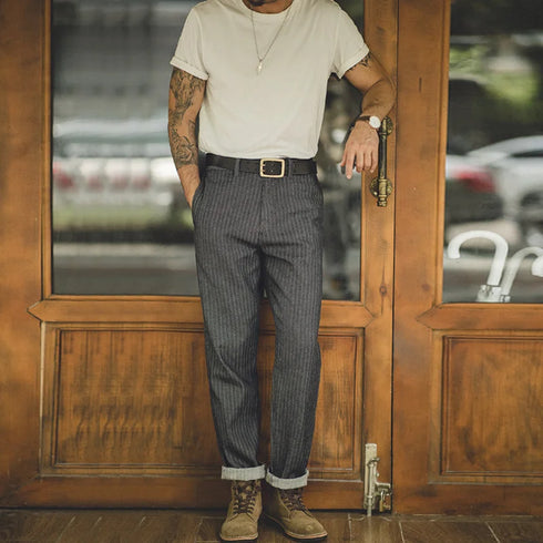 Retro 12.8oz Grey Striped Jeans – Men’s Straight Fit Herringbone Trousers with Pockets